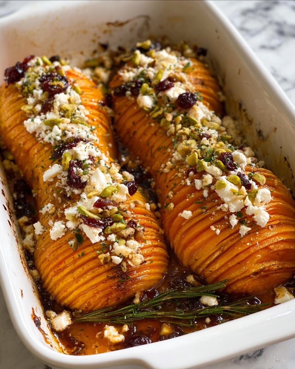 The image shows a white baking dish containing two hasselback butternut squash halves placed side by side. Each squash is sliced into many thin layers, revealing rich orange flesh with a smooth texture. The top is sprinkled generously with crumbled white cheese, small green chopped nuts, and dark red dried fruit bits, likely cranberries. Some chopped fresh green herbs are scattered over the surface, adding color contrast. Dark brown caramelized sauce collects around the edges of the squash, and a few small sprigs of rosemary are visible. The baking dish sits on a white marbled surface. photo taken with an iphone --ar 4:5 --v 7