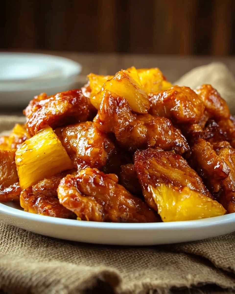A white plate holds a pile of glossy, caramelized chicken pieces with a rich brown color, mixed with bright yellow chunks of pineapple. The chicken pieces are irregular in shape, some showing tender, fibrous texture, and are coated in thick sauce, giving a shiny, sticky look. The pineapple pieces are juicy and cut into medium-sized chunks, scattered evenly among the chicken. The plate sits on a textured brown fabric, with the background softly blurred and out of focus, emphasizing the warmth and richness of the dish. photo taken with an iphone --ar 4:5 --v 7