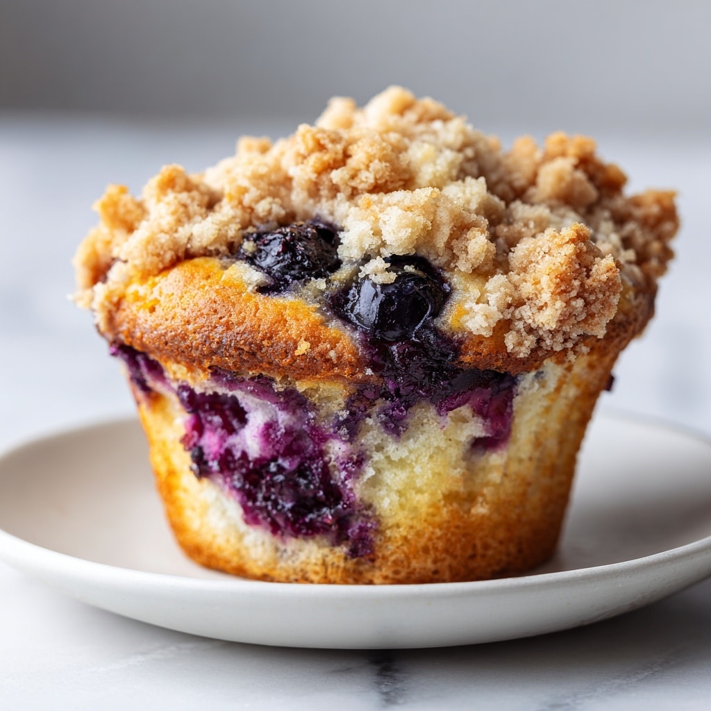 Two blueberry muffins rest on a white rectangular plate set on a white marbled surface; the muffin in the front is cut in half, revealing a soft, moist yellow crumb speckled with whole, juicy dark purple blueberries. Both muffins are topped with a thick, crumbly streusel layer that is light golden brown, contrasting with the rich colors of the blueberries and the pale yellow cake below. The texture of the streusel appears grainy and crunchy, while the muffin's interior looks tender and fluffy. Photo taken with an iphone --ar 4:5 --v 7