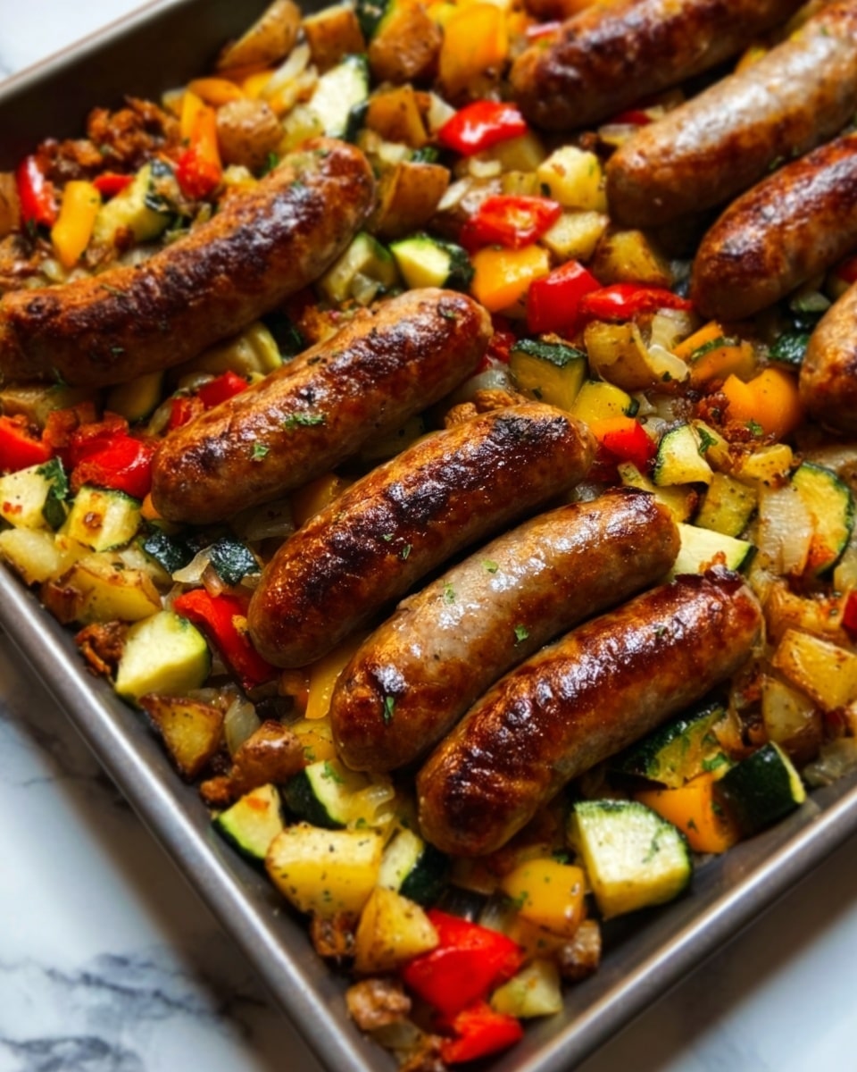 The image shows a close-up of a tray filled with browned sausages arranged in two diagonal rows on top of a colorful mix of diced vegetables. The vegetables include orange, yellow, red, and green pieces, likely bell peppers and zucchini, with a mix of potatoes that are lightly browned. The sausages have a crispy skin with visible grill marks and look juicy. The tray is placed on a white marbled surface. photo taken with an iphone --ar 4:5 --v 7