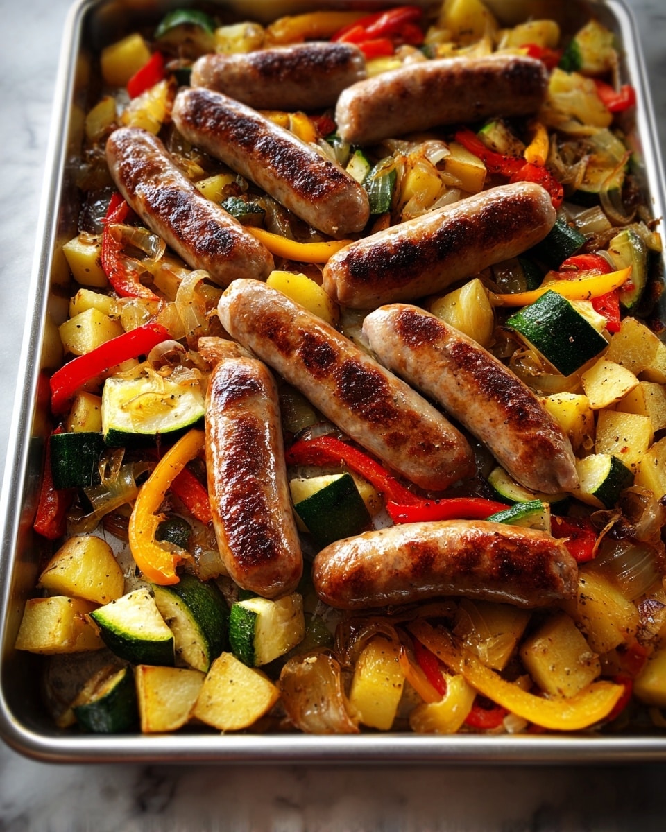 The image shows a large metal tray filled with cooked sausages and mixed roasted vegetables. The sausages are browned with a crispy texture on top, scattered evenly on the tray. Under and around the sausages, there are chunky pieces of golden brown potatoes, green zucchini with slightly charred edges, and thin strips of red and orange bell peppers. The vegetables appear soft and roasted, mixed with small bits of caramelized onions. The overall look is warm with a mix of golden yellow, brown, green, and red colors, set on a white marbled surface. photo taken with an iphone --ar 4:5 --v 7