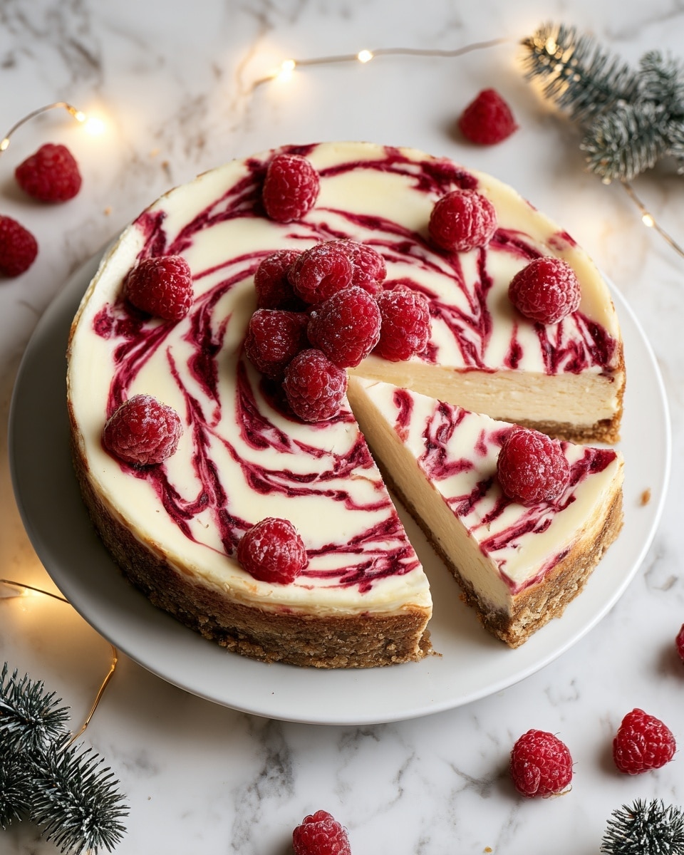 A round cheesecake with a golden brown crumb crust forms the base layer, topped with a smooth, creamy white layer of cheesecake filling. Swirled across the top are deep red raspberry sauce patterns that create a marbled effect on the pale surface. Fresh, bright red raspberries are evenly placed on top, including a cluster in the center and a few on each slice. One slice is slightly pulled out, showing the uniform thickness of each layer. The cheesecake sits on a white plate on a white marbled surface, surrounded by scattered fresh raspberries and a warm string of fairy lights, with a small dusted fir branch partly visible in the corner. Photo taken with an iphone --ar 4:5 --v 7