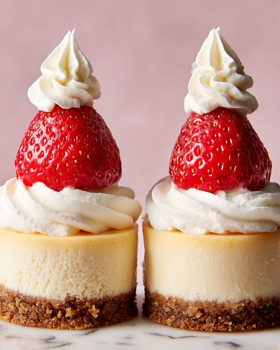 Two small cheesecake cakes are shown side by side on a white marbled surface with a soft pink background. Each mini cake has three layers: a thick, crumbly brown cookie base at the bottom, a creamy pale yellow cheesecake layer in the middle, and a topping of white whipped cream that is swirled on top. A whole bright red strawberry with visible seeds sits on the whipped cream of each cake, and each strawberry is topped with a small dollop of whipped cream shaped like a peak. The photo taken with an iphone --ar 4:5 --v 7