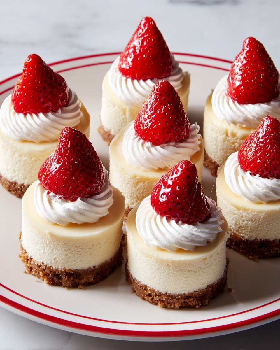 The image shows seven small round cheesecakes on a white plate with a red rim, placed on a white marbled surface. Each cheesecake has three visible layers: a brown crumbly base, a thick light cream middle layer, and a swirl of white whipped cream on top. Sitting on the whipped cream is a large red strawberry, cut in half and positioned upright, with a small dollop of white cream on the pointy tip of each strawberry. The texture of the cheesecake looks smooth and creamy, while the strawberries are shiny and fresh. photo taken with an iphone --ar 4:5 --v 7