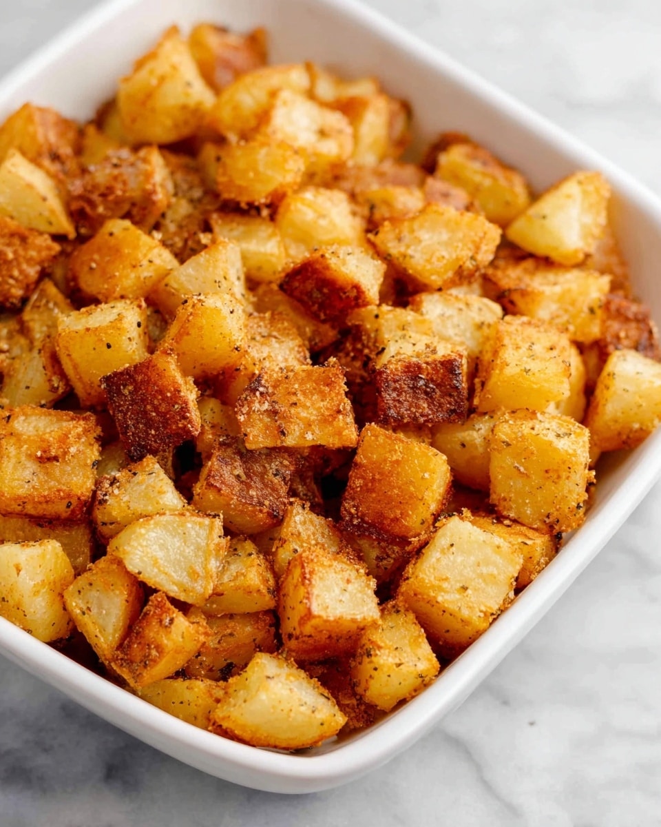 The image shows a close-up of many small, cubed roasted potatoes inside a white, square bowl with round edges. The potatoes have a golden brown color with a slightly crispy texture, and some pieces still have their brown skins, adding an extra layer of color and texture. The cubes are evenly roasted and coated with seasoning, visible as tiny specks on the surface. The bowl is placed on a white marbled textured surface, making the warm tones of the potatoes stand out. photo taken with an iphone --ar 4:5 --v 7