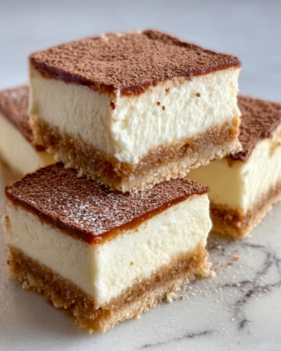 The image shows three square slices of a layered dessert placed closely on a white marbled surface. Each slice has three clear layers: the bottom layer is a light brown crumbly crust with a slightly rough texture, the middle layer is thick, smooth, and creamy white, and the top layer is a thin light brown dusting, likely cocoa powder, evenly spread across the creamy layer. The dessert looks soft and rich, with clean edges and a slightly uneven top surface due to the cocoa powder. Photo taken with an iphone --ar 4:5 --v 7