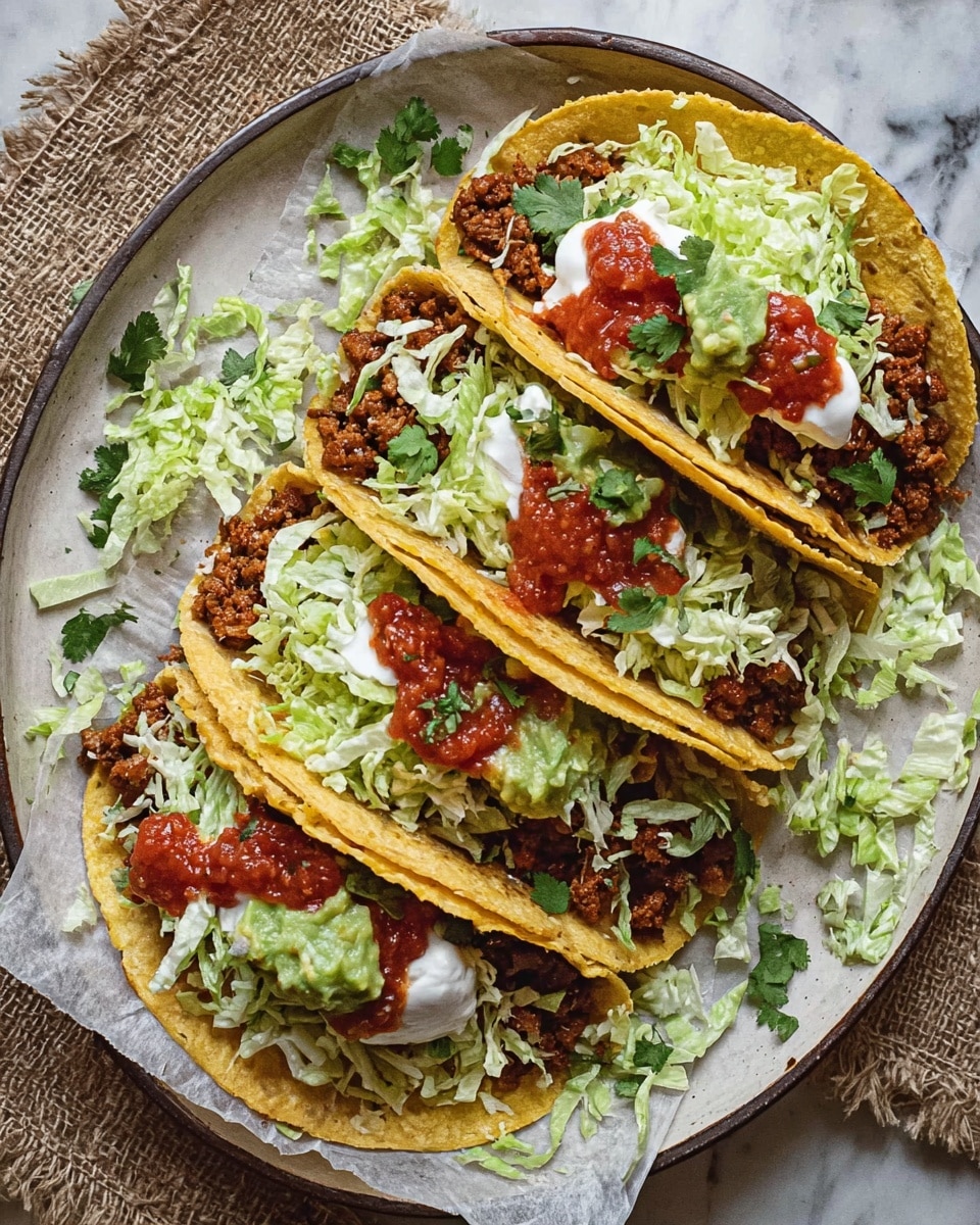Five yellow corn tacos lie on a white plate lined with light beige parchment paper. Each taco is filled with a base layer of dark brown cooked ground meat, topped with finely shredded pale green lettuce. On top of the lettuce, some tacos have a dollop of white sour cream, while others have bright green guacamole. Each taco is finished with a spoonful of red salsa and sprinkled with fresh green cilantro. Some extra shredded lettuce and cilantro are scattered around the tacos on the plate. The plate is on a white marbled surface with a piece of light brown burlap cloth nearby. photo taken with an iphone --ar 4:5 --v 7