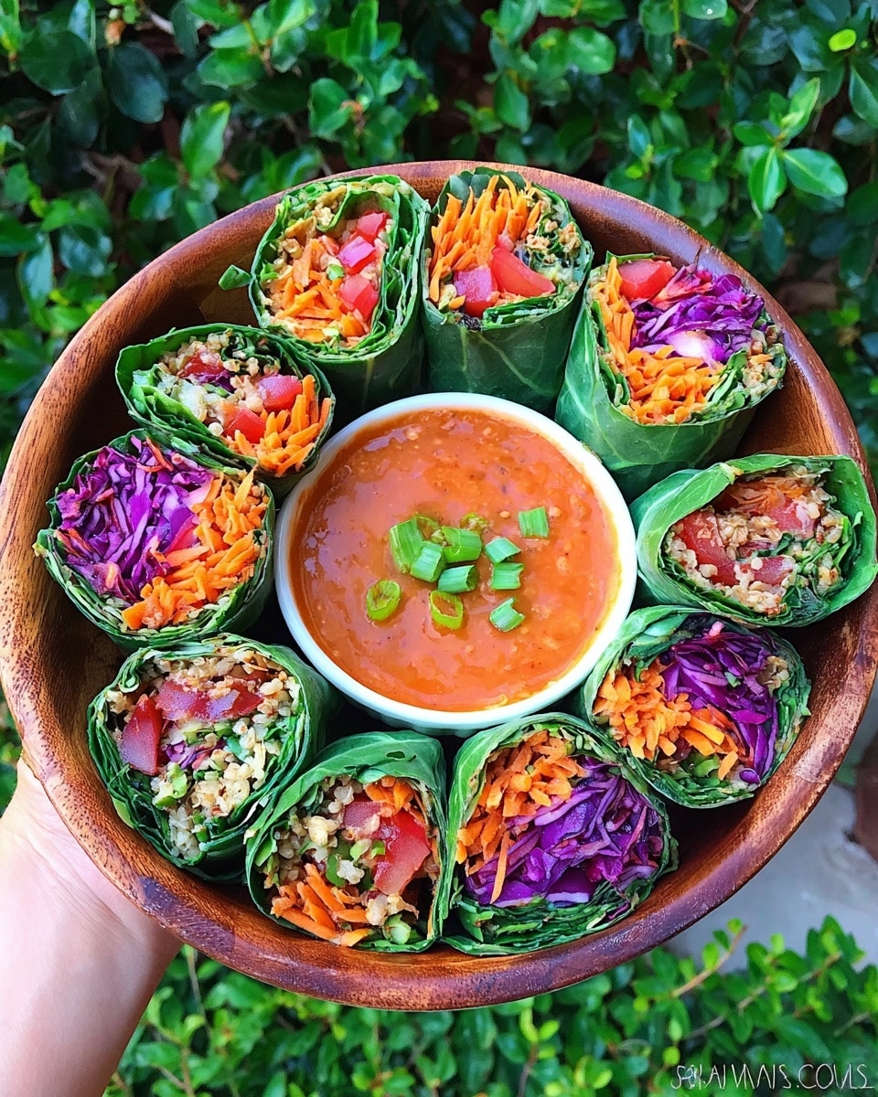 A brown wooden bowl is filled with several green leafy wraps, each cut in half to show colorful layers inside. The wraps have a top layer of bright orange shredded carrots, followed by purple cabbage, small red pieces of tomato, and a mix of light brown and green textures that look like grains and herbs. In the center of the bowl, there is a small white bowl with smooth, reddish-orange dipping sauce topped with green onion slices. The bowl is being held by a woman's hand and the background shows green bushes with leaves. photo taken with an iphone --ar 4:5 --v 7