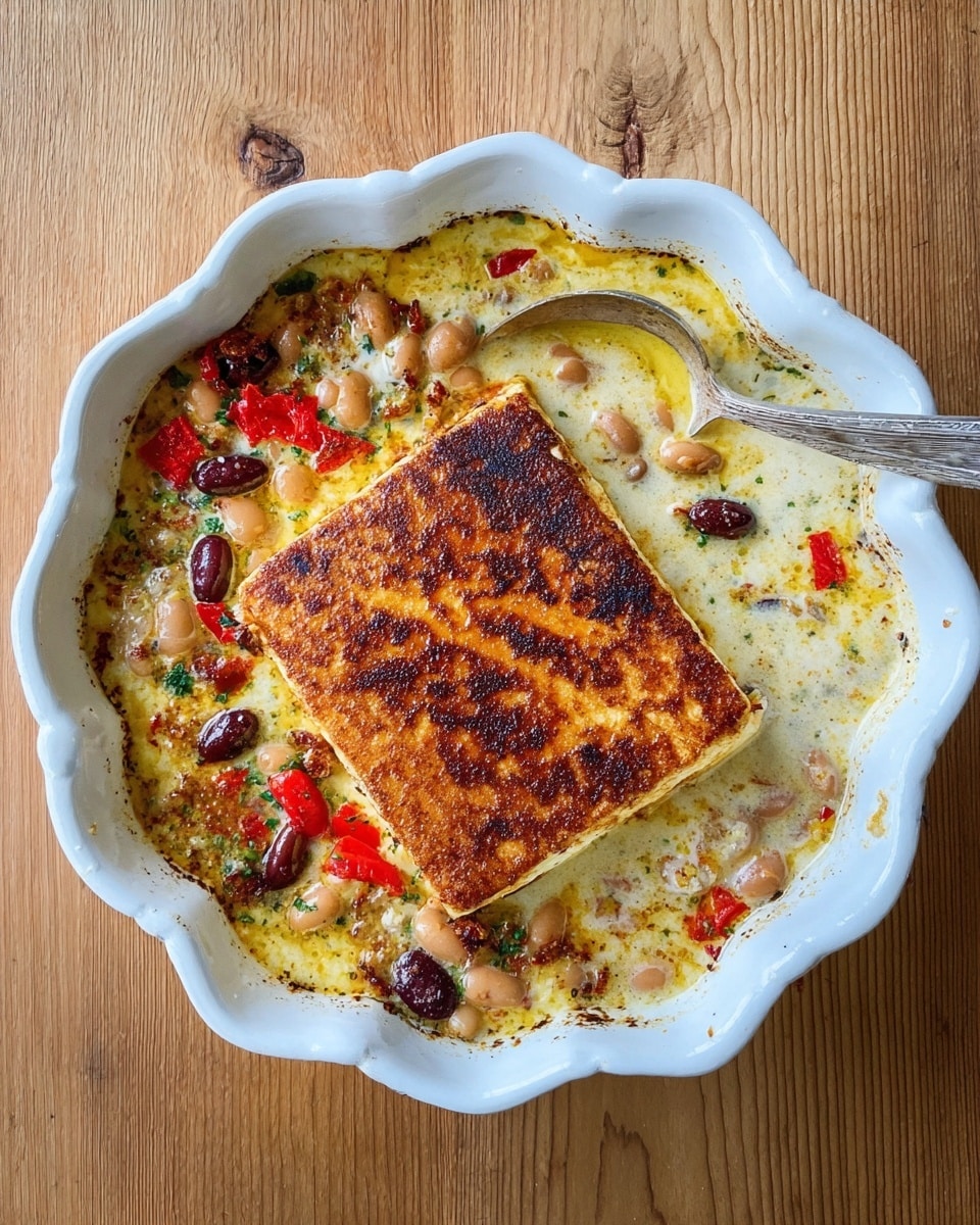A white scalloped dish holds a cooked meal with a large golden-brown, slightly crispy square piece at the center that looks like grilled cheese or tofu. Surrounding this main piece is a creamy mixture with visible chunks of red bell peppers, dark olives, and small pieces of cooked beans, all in a light yellow and white sauce with some browned bits on the edges. A shiny silver spoon rests in the top right side of the dish, partially dipped into the creamy sauce. The dish is set on a wooden table with a simple grain texture. photo taken with an iphone --ar 4:5 --v 7