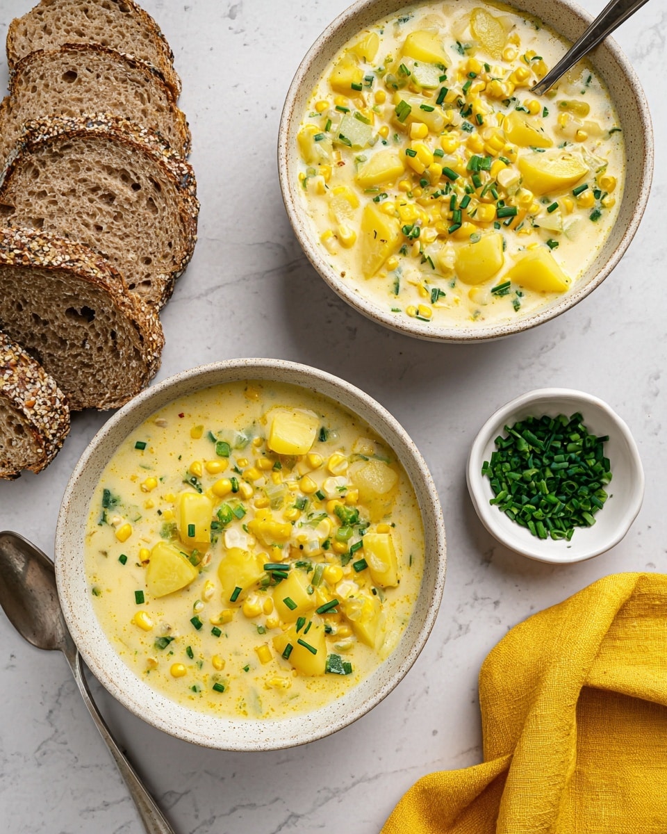 Two bowls of creamy corn chowder sit on a white marbled surface. Each bowl is filled with a pale yellow creamy soup base layered with bright yellow corn kernels, light yellow potato chunks, and small green chive pieces sprinkled on top. The texture looks smooth with visible bits of vegetables floating in the soup. Next to the top bowl is a spoon resting inside, and near the bowls are slices of multigrain bread with rough crusts. A small white bowl filled with extra chopped chives sits nearby, and a folded yellow cloth adds a pop of color to the scene. photo taken with an iphone --ar 4:5 --v 7