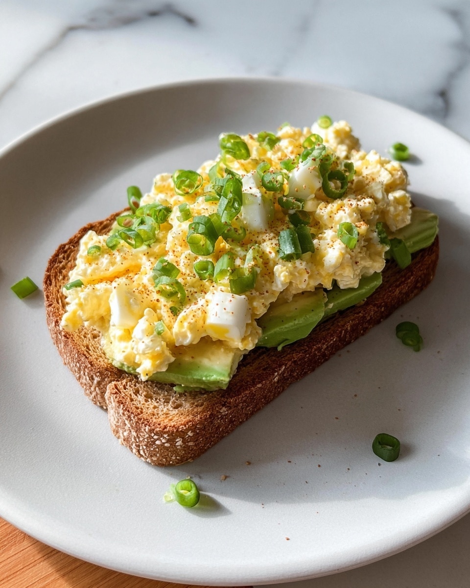 A single slice of toasted brown bread sits in the center of a white plate on a white marbled surface. On top of the toast is a layer of sliced avocado, showing bright green and smooth texture, covered by a thick layer of creamy egg salad with small white and yellow chunks. Chopped green onions are sprinkled over the egg salad and plate, adding fresh green touches around the dish. The lighting is natural, highlighting the colors and textures of the ingredients. photo taken with an iphone --ar 4:5 --v 7