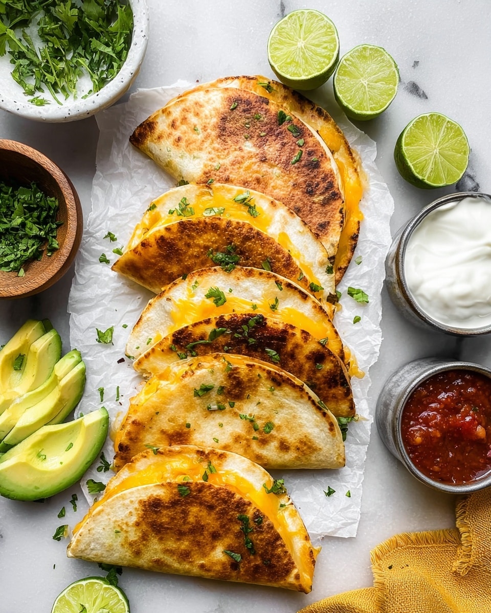 Five folded quesadillas with golden brown, slightly crispy surfaces lie in a line on white parchment paper placed on a white marbled surface. Each quesadilla is filled with melted bright yellow cheese that peeks out from the edges, and small green herb pieces are sprinkled on top. Around the quesadillas, there are several lime wedges and slices of fresh green avocado sprinkled with tiny herb bits. To the left, a white bowl contains fresh green cilantro sprigs, and below it, a wooden bowl is filled with smooth white sour cream. On the right side, a small metal bowl holds red salsa with visible herbs, and a yellow cloth is partially visible near the bottom right corner. photo taken with an iphone --ar 4:5 --v 7