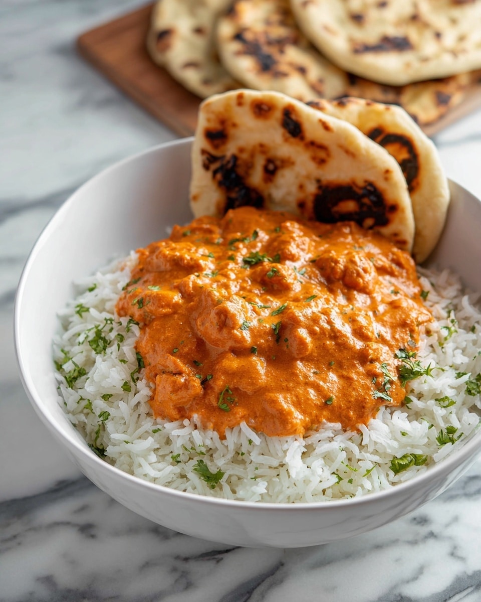 A white bowl with a bed of white rice at the bottom, sprinkled lightly with green herbs. On top of the rice, there is a thick layer of orange curry with small chunks, giving a creamy and smooth texture with bits of food visible. Behind the curry and rice, two pieces of flatbread with dark brown char marks lean against the edge of the bowl. The bowl sits on a white marbled surface. Photo taken with an iphone --ar 4:5 --v 7
