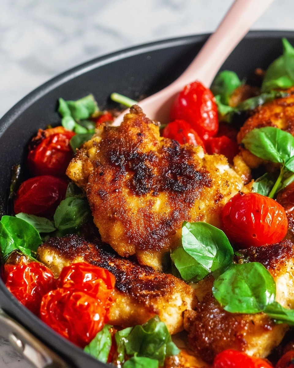 The image shows a close-up of a dish in a black pan with golden-brown fried chicken pieces as the top layer, having a crispy and slightly charred texture. Around and below the chicken, there are bright red roasted cherry tomatoes with some slightly wrinkled skins, mixed with fresh green basil leaves scattered evenly. A pale pink spoon is partly visible under the chicken and tomatoes, adding a soft touch to the scene. The background is a white marbled texture. photo taken with an iphone --ar 4:5 --v 7