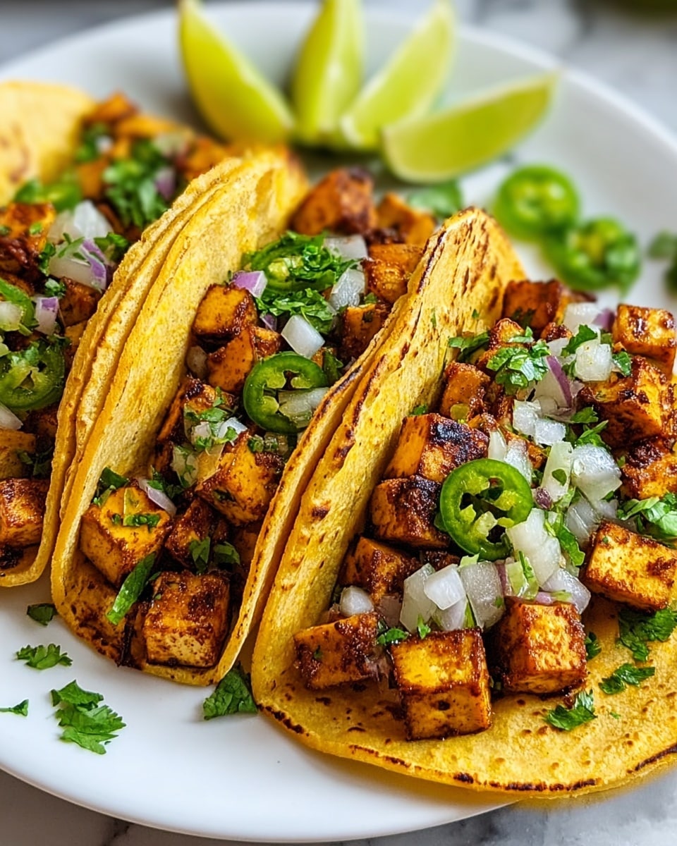 The image shows three tacos placed side by side on a white plate over a white marbled surface. Each taco has two soft yellow corn tortillas with slight char marks on the edges, folded in a U shape. Inside the tacos are several layers: the bottom layer consists of small cubed pieces of golden-brown grilled tofu with a slightly crispy texture, topped with finely chopped white onions and fresh green cilantro leaves, along with small green chili slices scattered on top. In the background, there are fresh lime wedges with bright green skin placed next to the tacos, adding a fresh touch to the scene. photo taken with an iphone --ar 4:5 --v 7