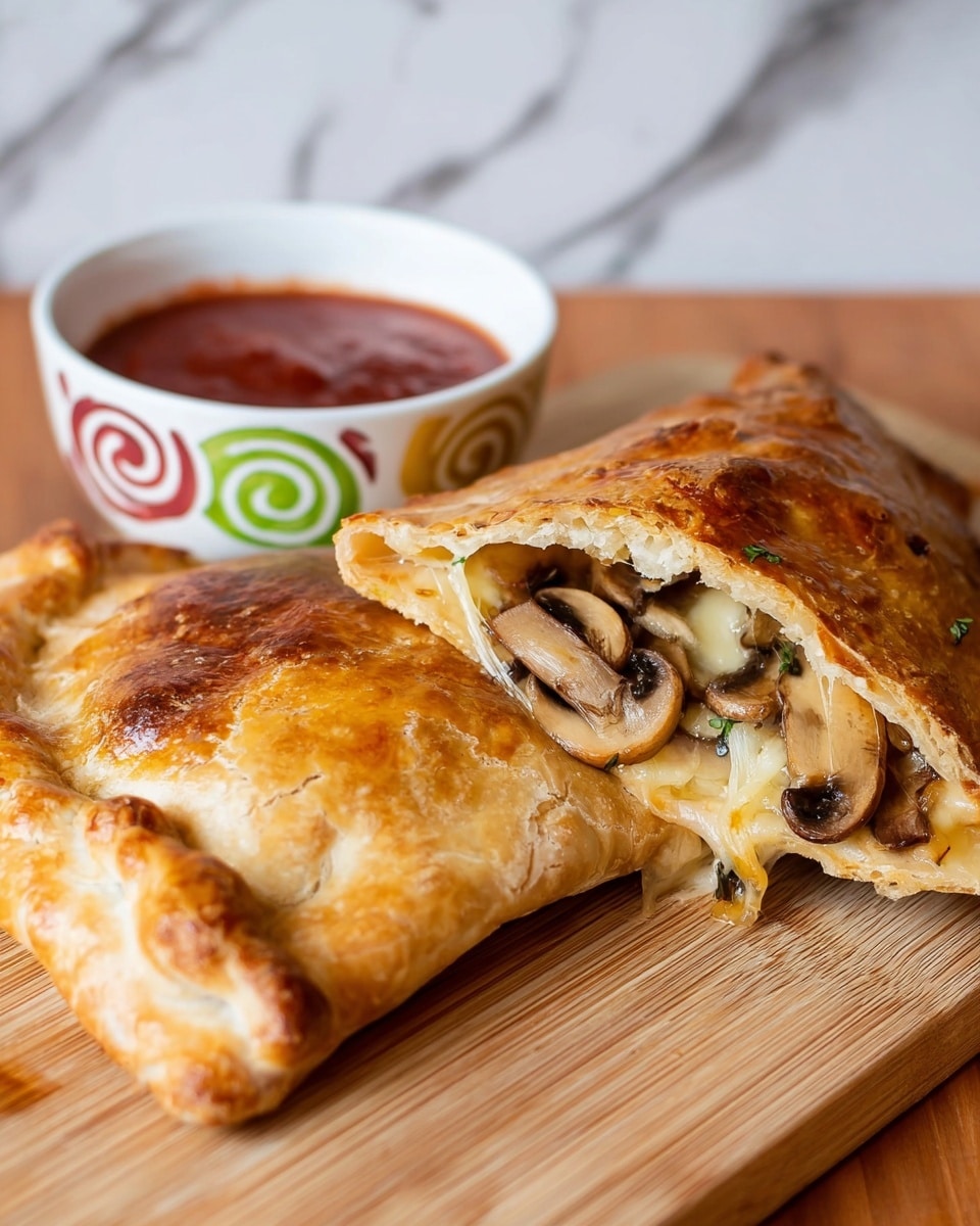 The image shows a golden brown calzone with a shiny, slightly flaky crust. The calzone is cut open to reveal the gooey inside, which has melted cheese stretching out and slices of cooked mushrooms mixed with other small bits of ingredients. Next to the calzone, there is a white bowl with a colorful swirl design filled with red sauce. The calzone and bowl are placed on a wooden surface with a white marbled background. photo taken with an iphone --ar 4:5 --v 7