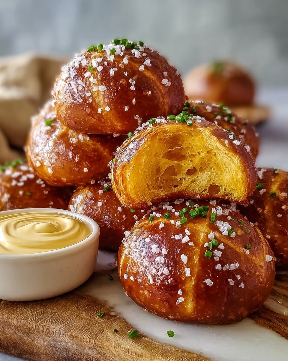 A group of six golden brown pretzel buns are stacked on a wooden board with a white marbled surface. Each bun has a shiny crust sprinkled with coarse sea salt and small chopped green chives. One bun in the front is bitten into, showing fluffy, orange-yellow soft inside texture with visible layers. To the left of the buns, there is a small off-white ceramic bowl filled with creamy, mustard-yellow dipping sauce, swirled on top. The background is softly blurred with neutral tones. photo taken with an iphone --ar 4:5 --v 7