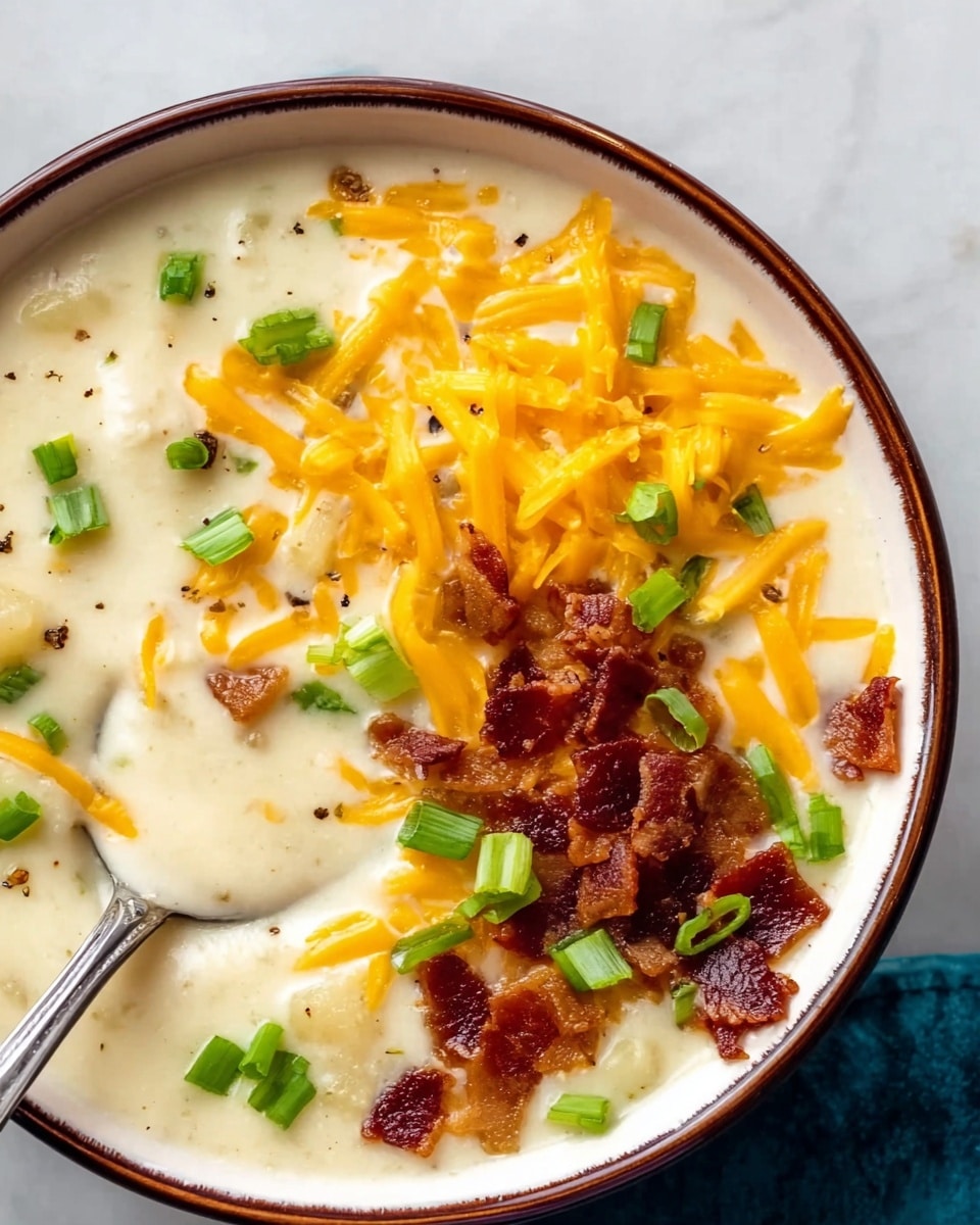 A close-up of a bowl filled with creamy white soup that has a smooth and thick texture showing small chunks of potatoes. On the right side of the soup, there is a layer of bright orange shredded cheddar cheese. Below the cheese, a layer of crispy dark brown bacon pieces is spread out. Scattered over the cheese and bacon are small pieces of fresh green chopped spring onions. A silver spoon is partially visible in the bowl, resting near the cheese and bacon. The bowl is white with a brown rim, placed on a white marbled surface. photo taken with an iphone --ar 4:5 --v 7