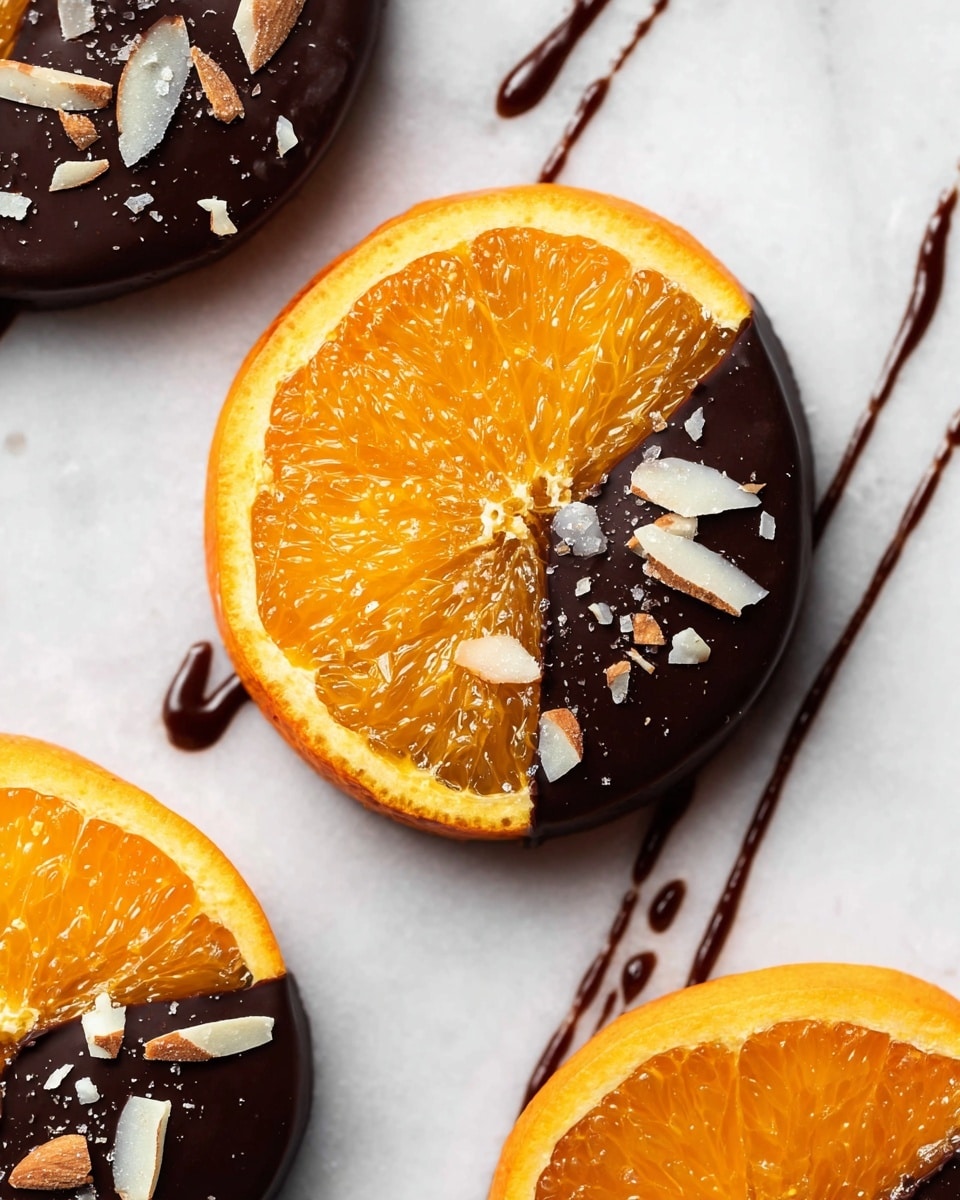 The image shows thin round slices of bright orange fruit with a shiny texture, partially covered in smooth dark chocolate that coats about half of each slice. On top of the chocolate layer, there are small white almond flakes scattered unevenly. The slices lie flat on a white marbled surface with thin drizzles of dark chocolate around them, creating an artistic look. photo taken with an iphone --ar 4:5 --v 7