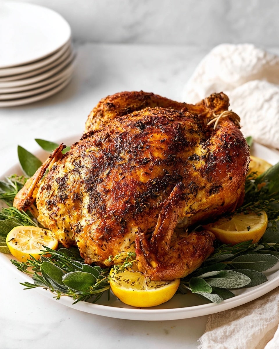 A whole roasted chicken with crispy, golden-brown skin covered in herbs sits centered on a white plate. The chicken is surrounded by fresh green herbs and slices of bright yellow lemon nestled around the edges of the plate. The wings and legs of the chicken are spread out naturally, showing well-browned and textured skin. The plate rests on a white marbled surface with a carving knife and fork with wooden handles placed at the upper right side of the image. Photo taken with an iphone --ar 4:5 --v 7
