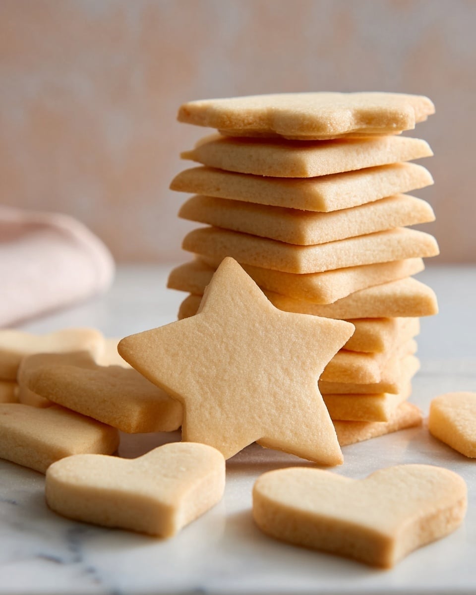 The image shows a stack of ten round, pale beige cookies with a slightly rough surface on the left side. Next to the stack on the right side is a single large heart-shaped cookie in the same pale beige color and texture. Both the cookies have a soft matte finish. The background is soft with warm and blurry light spots creating a cozy atmosphere, placed on a white marbled texture. Photo taken with an iphone --ar 4:5 --v 7