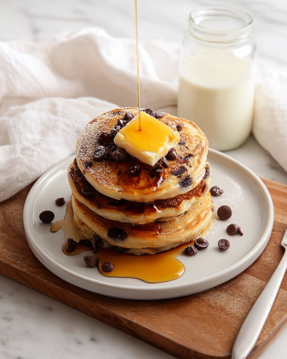 A stack of four thick, golden brown chocolate chip pancakes sits in the middle of a white plate, each pancake fluffy with slightly crispy edges and dark chocolate chips visible throughout. On top of the stack is a square pat of melting butter, with golden syrup being poured over it, dripping down the sides and pooling slightly on the plate. Dark chocolate chips are scattered around the bottom of the pancakes on the plate. A silver fork rests to the right of the plate on a wooden board, and behind the plate is a glass jar of milk. The whole setup is on a white marbled surface with a soft white cloth nearby. photo taken with an iphone --ar 4:5 --v 7