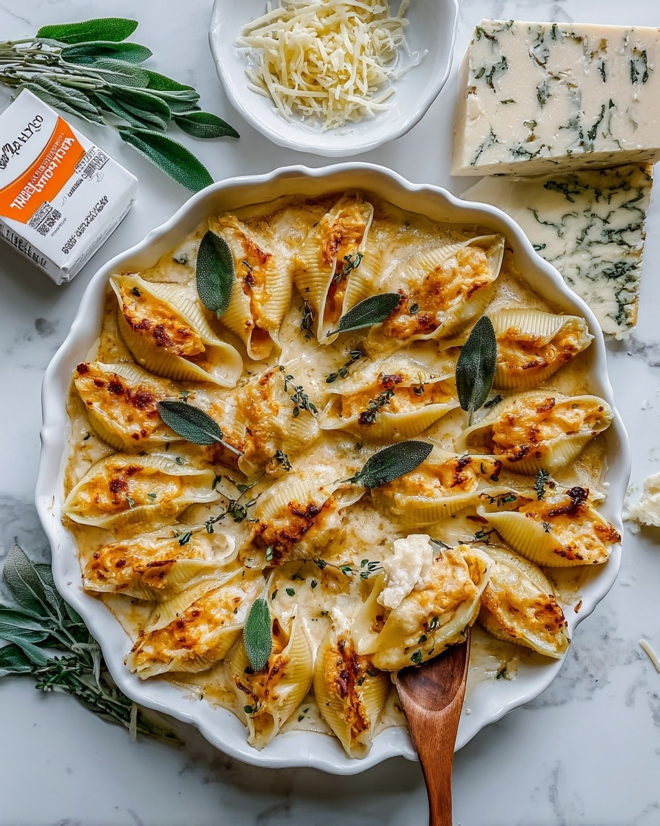A white scalloped dish filled with large pasta shells arranged in a circular pattern, each shell stuffed with a creamy, orange filling and topped with melted white cheese that has browned slightly in spots, giving a textured look. Fresh green sage leaves are scattered on top, adding a pop of color and detail. The dish sits on a white marbled surface with a wooden spoon resting inside, partially lifting one pasta shell. Surrounding the main dish are pieces of herb-speckled cheese in white packaging, fresh sage sprigs, and a small white bowl of shredded cheese, all enhancing the overall fresh and homemade feel. Photo taken with an iphone --ar 4:5 --v 7