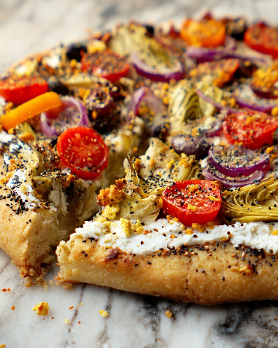 The image shows a close-up of a pizza on a white marbled surface. The pizza has a thick crust, golden brown with black sesame seeds sprinkled on top. The topping layers include roasted artichoke hearts in a yellowish-beige color, scattered cherry tomato halves in bright red, thin rings of purple onion, and some orange pepper slices. There is a white creamy cheese spread as the base layer, visible under the toppings. Some small pieces of crumbled cheese in light yellow and bits of black olives are spread across the pizza. The textures range from soft and creamy cheese to crisp, roasted vegetables. photo taken with an iphone --ar 4:5 --v 7