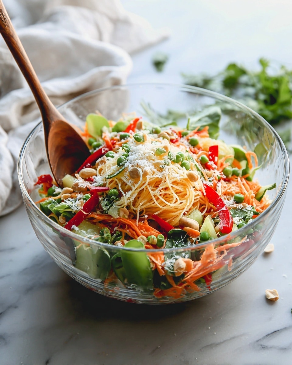 A clear glass bowl holds a colorful noodle salad with multiple layers. At the bottom, there are thin white noodles mixed with shredded orange carrots and green leafy lettuce. On top, there are bright red sliced bell peppers, green peas scattered around, and slices of light green cucumber. The dish is sprinkled with white grated cheese and some chopped nuts, adding a textured finish. A wooden spoon rests inside the bowl, which sits on a white marbled surface near a white cloth and some green herbs in the background. photo taken with an iphone --ar 4:5 --v 7