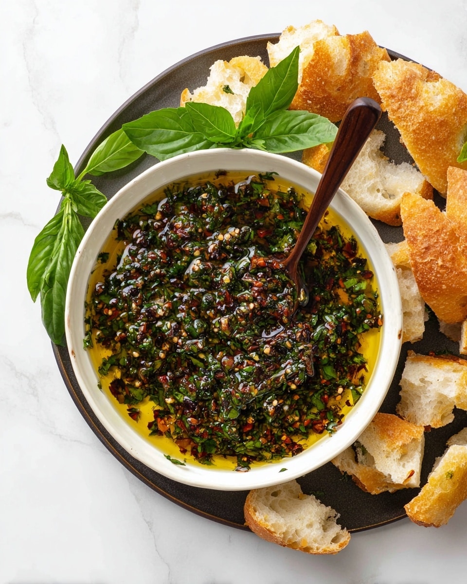 The image shows a white bowl filled with a dark green and brown mixture of chopped herbs and oil, with visible small bits of red, black, and green ingredients, giving a textured, slightly oily surface. The bowl is placed on a dark round plate, surrounded by torn pieces of crusty bread that are golden brown on the outside and soft white inside. Bright green fresh basil leaves are placed on the white marbled surface near the bread, adding a pop of color. A small wooden spoon with a dark brown handle rests inside the bowl on the right side. The whole setup sits on a clean white marbled background. photo taken with an iphone --ar 4:5 --v 7