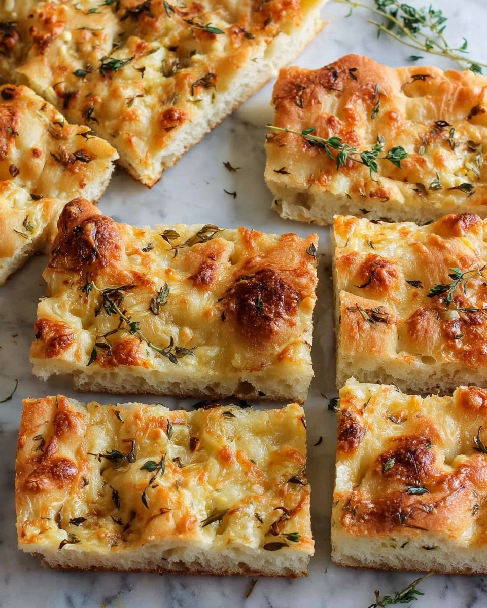 The image shows a rectangular focaccia bread cut into several small square pieces on a baking tray. The focaccia has a golden-brown, slightly crispy top layer with melted cheese that is bubbly and creamy in texture. Scattered across the top are small sprigs of fresh green thyme, adding spots of green among the golden yellow and light brown colors. The bread underneath is light and fluffy with a soft texture visible from the sliced edges. The baking tray is placed on a white marbled surface. photo taken with an iphone --ar 4:5 --v 7