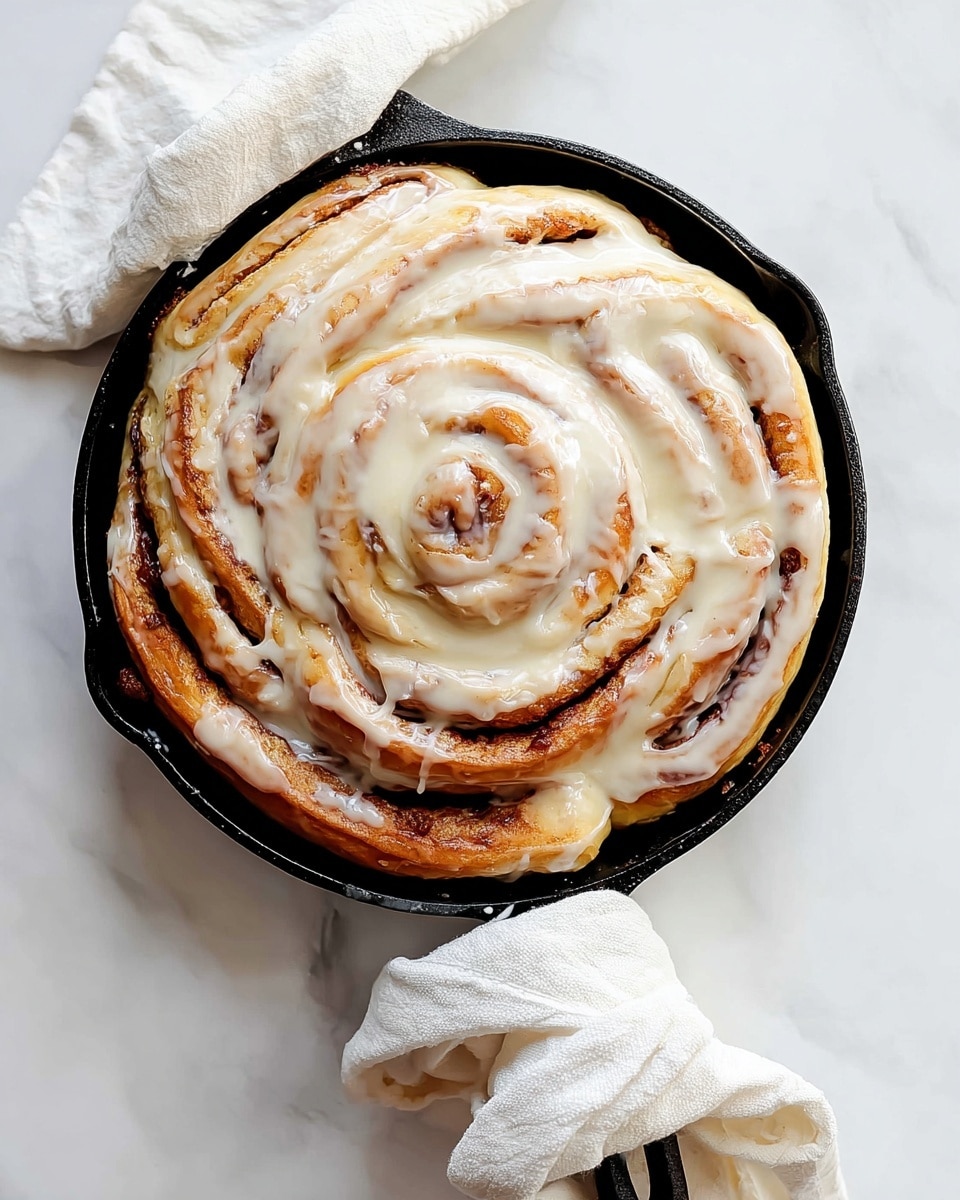 A large cinnamon roll is shown in a round black cast iron pan, wrapped at the handle with a soft white cloth. The cinnamon roll has multiple thick spiral layers that are light brown with darker cinnamon streaks, covered generously with creamy white icing that drips slightly down the sides. The pan sits on a white marbled surface, creating a clean bright background that makes the warm tones of the cinnamon roll stand out. Photo taken with an iphone --ar 4:5 --v 7