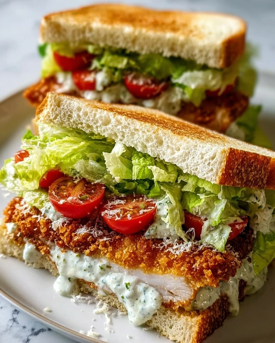 The image shows a sandwich cut in half on a white plate with a white marbled surface in the background. Each half has three main layers: the top layer is toasted bread with a golden-brown crust and soft airy inside, below that is bright green leafy lettuce with a fresh, crisp texture, and underneath the lettuce are halved cherry tomatoes with a shiny red skin. The bottom layer is a thick piece of crispy fried chicken with a golden-brown crumb coat, topped with a creamy white sauce with visible herbs mixed in. Some grated white cheese is sprinkled over the lettuce and sauce, adding a delicate texture. Photo taken with an iphone --ar 4:5 --v 7