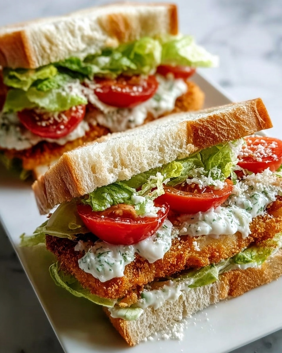 The image shows a sandwich cut in half and placed on a white rectangular plate on a white marbled surface. Each sandwich half has three clear layers: the bottom layer is a golden-brown crispy breaded chicken fillet, topped with slices of bright red cherry tomatoes arranged evenly, followed by fresh, green lettuce leaves covered with a creamy white sauce with green herb specks. The sandwich is completed with two slices of toasted bread, which are light brown with a soft, airy texture. Some grated white cheese is sprinkled over the lettuce and sauce, adding a delicate texture. Photo taken with an iphone --ar 4:5 --v 7