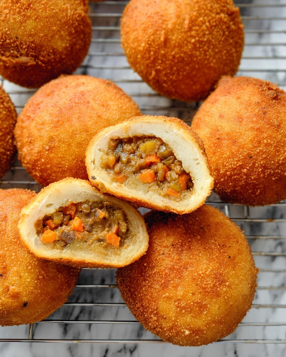 The image shows several round, golden brown fried buns with a crispy, crumbly outer layer. One bun is cut in half to reveal three layers inside: the outer crispy shell, a soft pale dough layer beneath it, and a thick filling in the center that looks wet and chunky. The filling is brown with visible pieces of diced orange carrots and small bits of other vegetables or meat. The buns are resting on a metal cooling rack, set on a white marbled texture surface. photo taken with an iphone --ar 4:5 --v 7