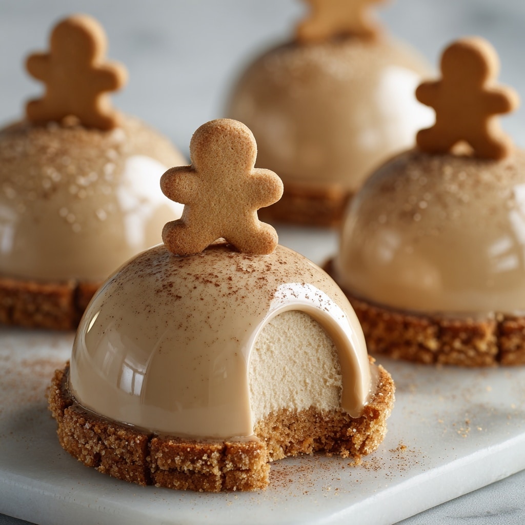 The image shows multiple glossy, tan-colored, dome-shaped mousse desserts placed on a white marbled surface. Each dome is smooth and shiny, sitting on a thin, round gingerbread cookie base that is slightly darker brown with a textured crumbly look. On top of each dome is a small gingerbread man cookie, light brown and standing upright, adding a decorative touch. One dome is cut in half, revealing a light, airy mousse interior that fills the dome completely, with the gingerbread cookie base visible beneath. Around the cut dome, there is a thin ring of caramel sauce and a dusting of cocoa powder. The background is softly blurred, highlighting the mousse domes in the foreground. The overall setting is clean and elegant. photo taken with an iphone --ar 4:5 --v 7