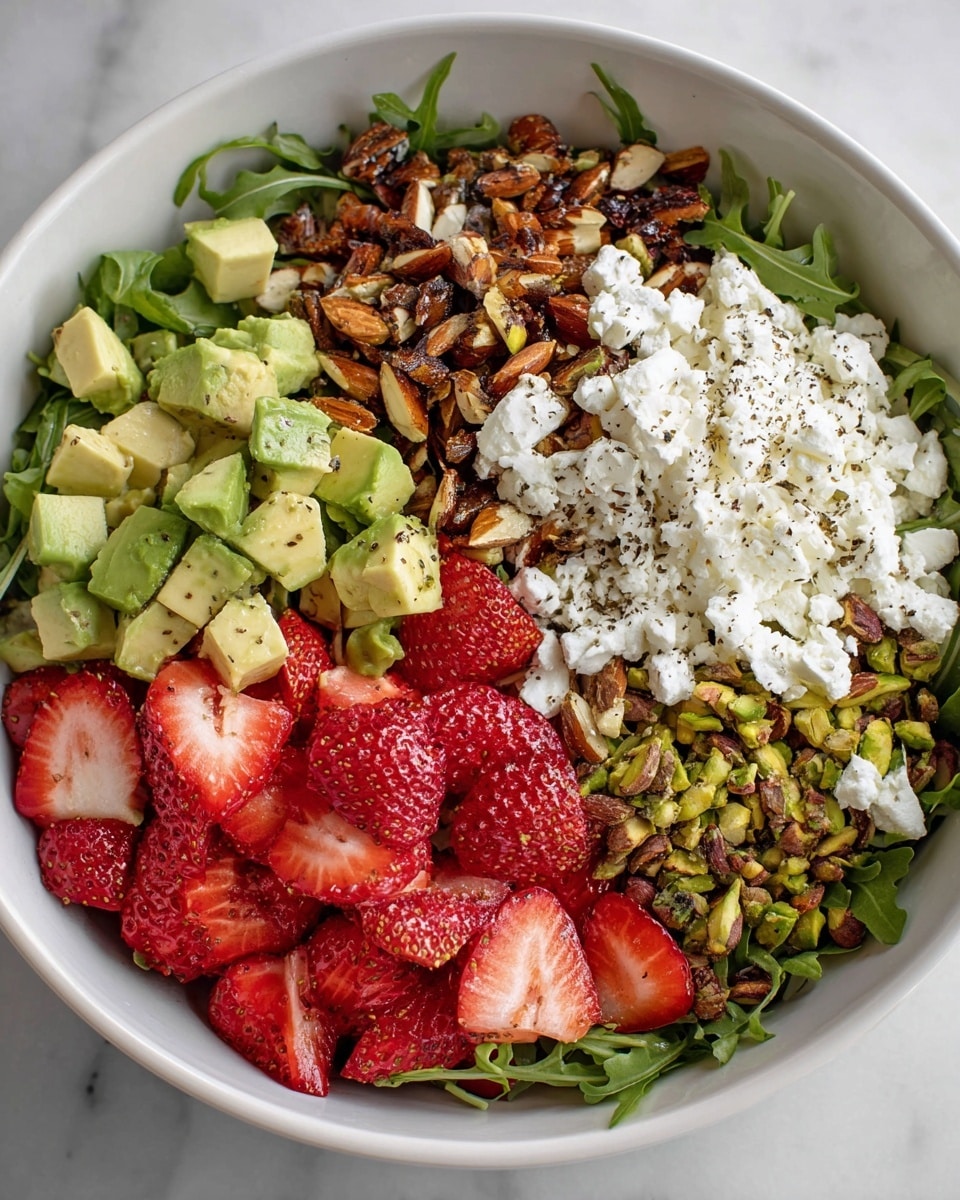 A white bowl holds a layered salad arranged in sections. The bottom layer is green arugula leaves spread evenly inside the bowl. On top, from left to right, there are diced light green avocado cubes, white crumbled cheese with black pepper sprinkled over it, dark brown roasted almond pieces, chopped green pistachios, and bright red cut strawberries with a shiny texture and black pepper flakes. The layers show a variety of colors and textures, combining fresh greens, soft cheese, crunchy nuts, and juicy fruit. The bowl sits on a white marbled surface. Photo taken with an iphone --ar 4:5 --v 7