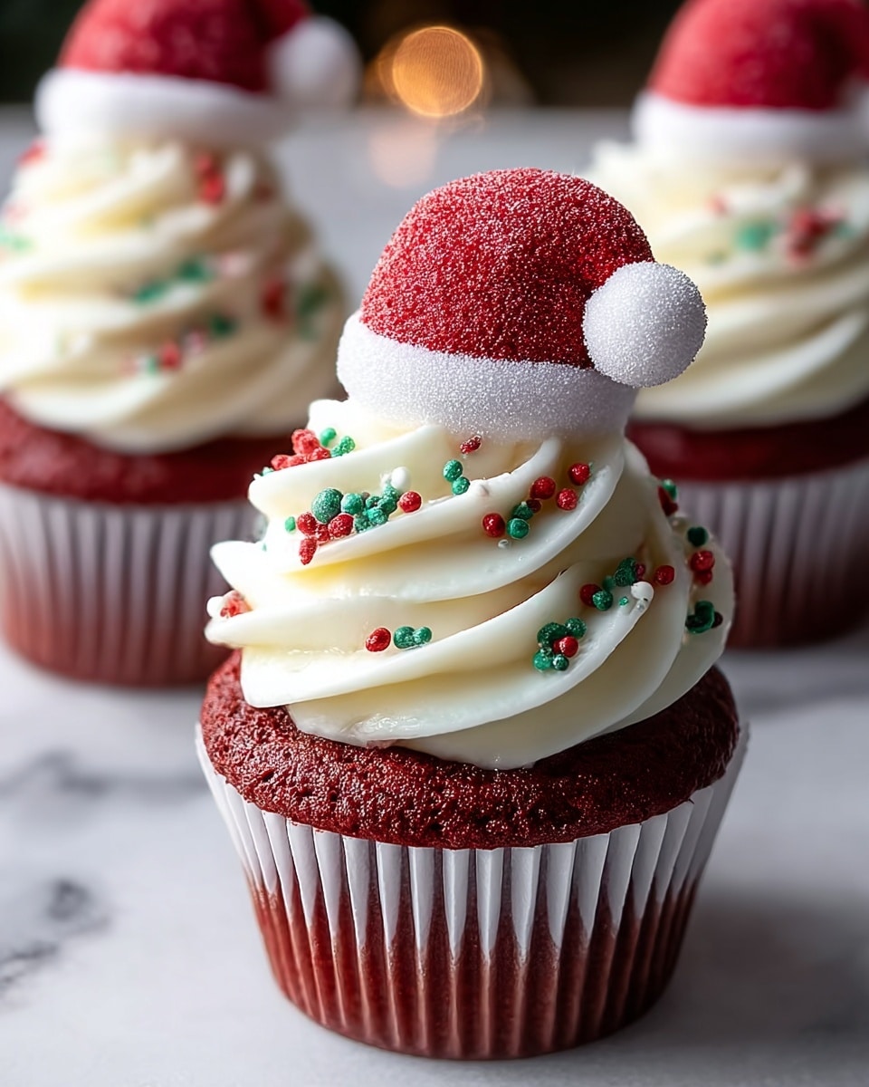 This image shows a red velvet cupcake with three main layers. The bottom layer is a deep red, moist cupcake in a white paper liner. The middle layer is a thick swirl of soft, white cream frosting decorated with tiny red and green round sprinkles scattered on top. The top layer is a small, red Santa hat made of textured sugar with a white sugar trim and a white sugar pom-pom on top. The cupcake is placed on a white marbled surface with two more similar cupcakes blurred in the background. photo taken with an iphone --ar 4:5 --v 7