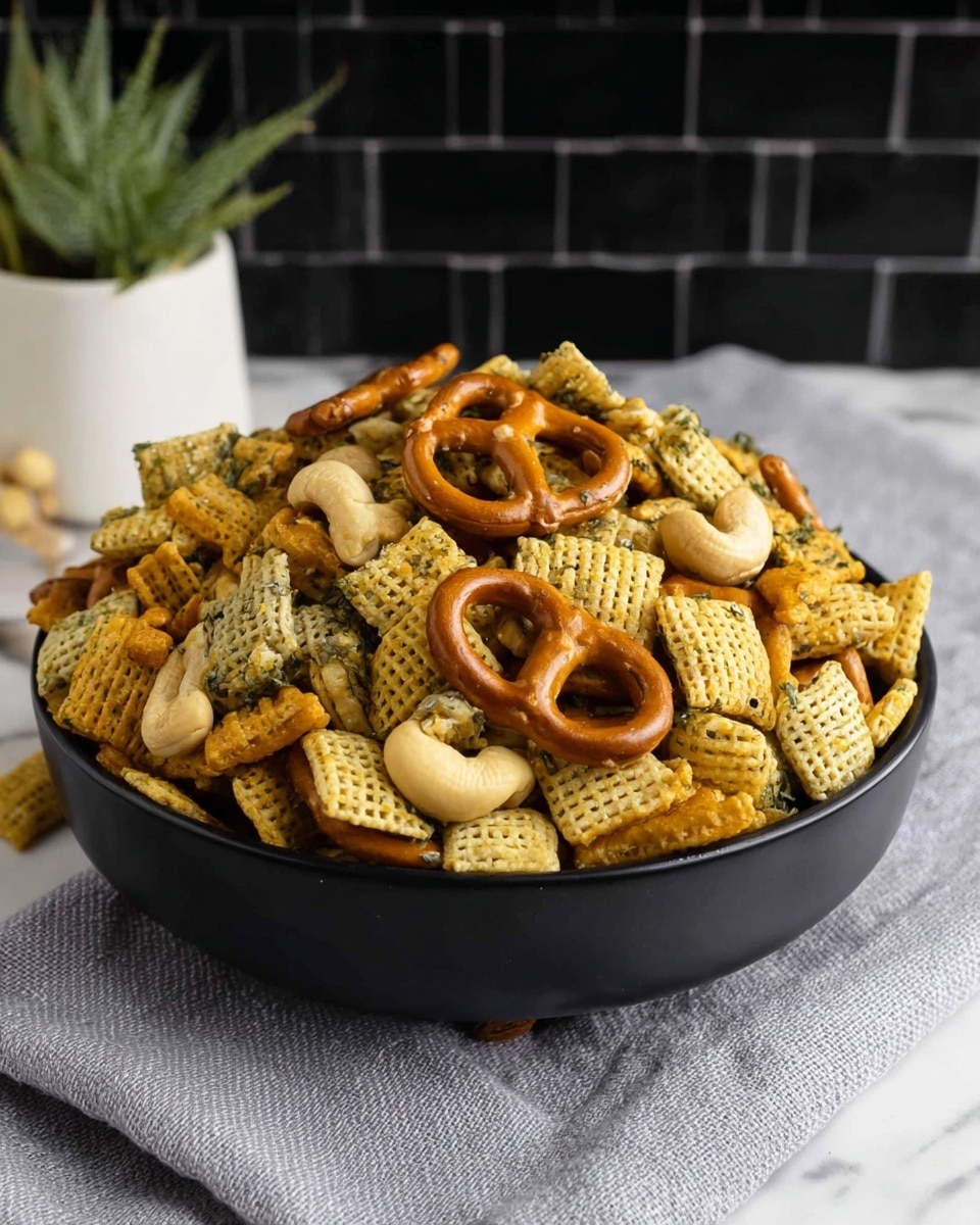 A black bowl full of a snack mix sits on a light grey cloth with a white marbled surface underneath. The bowl contains three main layers: at the bottom and middle are square wheat cereal pieces that are pale yellow with a waffled texture and covered in green herb seasoning. Mixed throughout are golden brown pretzel twists with a smooth and shiny surface visible in the middle and top layers. Scattered among the cereal and pretzels are whole cashew nuts with a creamy beige color and smooth texture mainly seen on the top layer. The bowl is filled to the brim with the snack mix slightly mounded over the edge. In the background, there is a small white pot with green plants and a black geometric wall behind. photo taken with an iphone --ar 4:5 --v 7