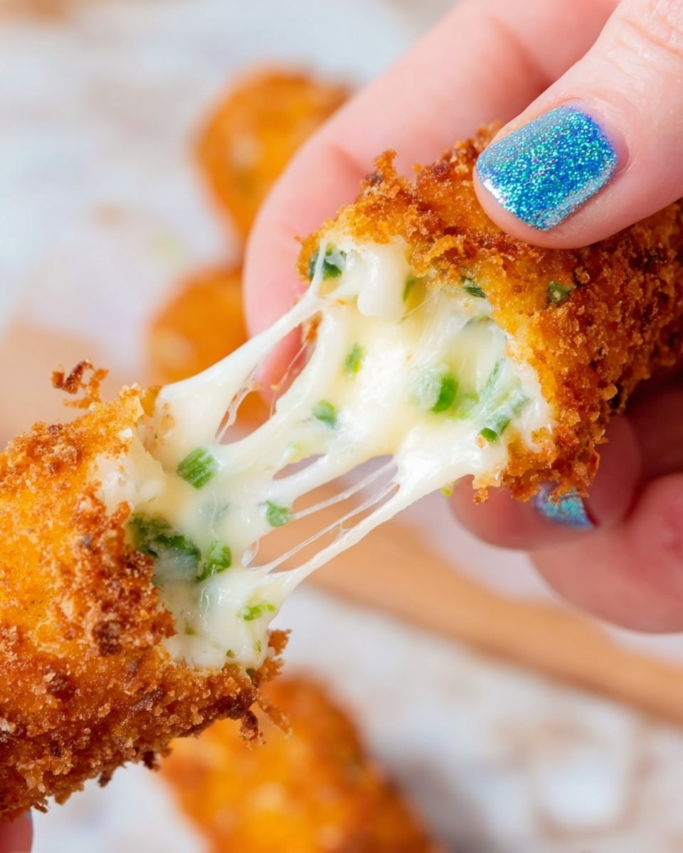 A close-up image shows a woman's hand pulling apart a crispy, golden brown fried cheese stick with bright green bits inside, revealing melted, stretchy white cheese inside. The cheese stretches in long strands between the two separated halves. The woman's nails are painted with sparkly blue polish. The background features a white marbled texture, keeping the focus on the cheesy snack. Photo taken with an iphone --ar 4:5 --v 7