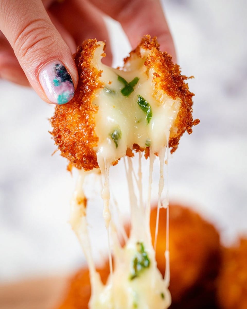 A close-up of a woman's hand holding a crispy golden brown fried piece loaded with stretchy melted white cheese mixed with small green bits inside, the cheese is pulling apart in long strings from the piece with a crunchy textured outside, set against a soft, out-of-focus white marbled background. photo taken with an iphone --ar 4:5 --v 7