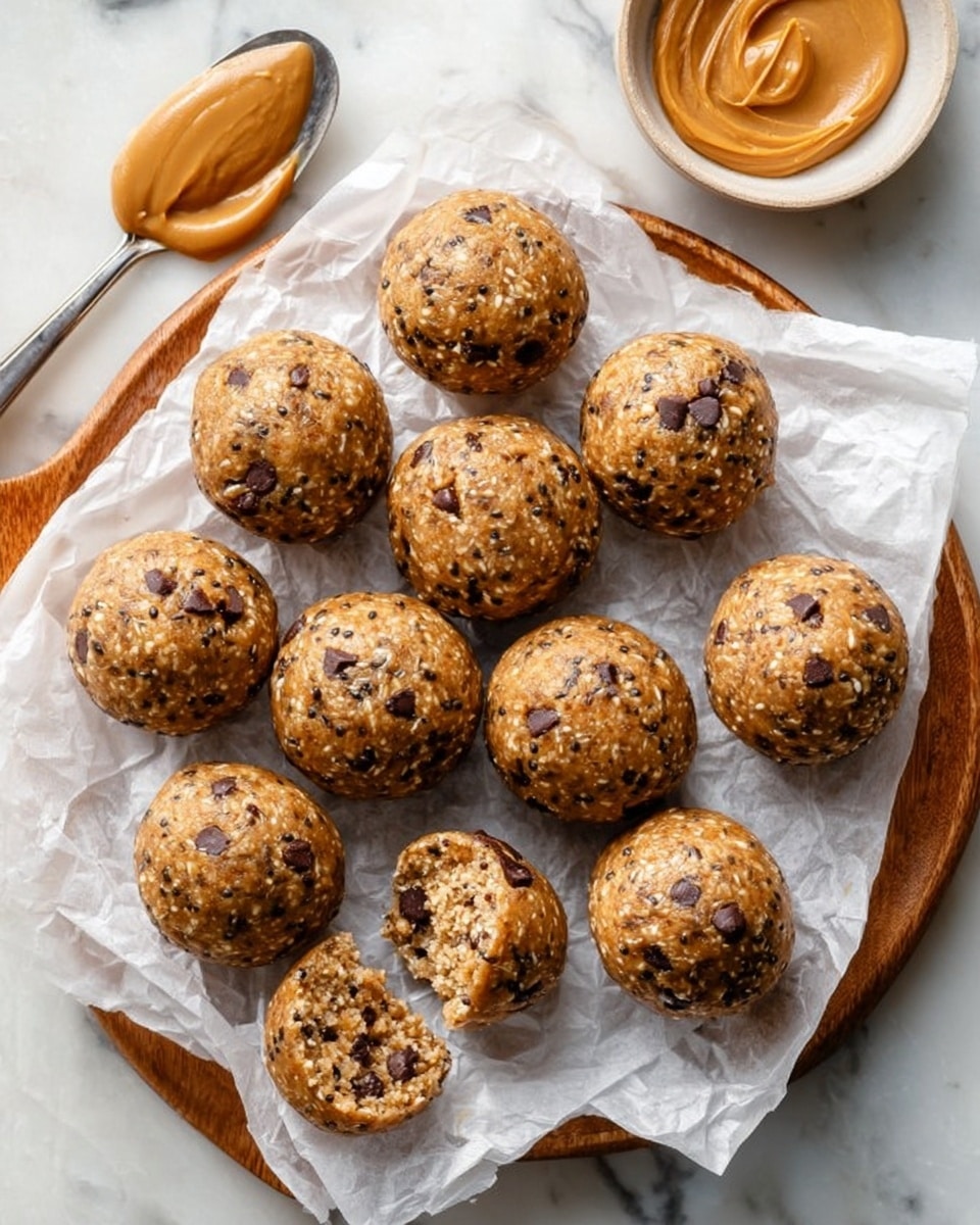 A round wooden tray lined with crinkled white parchment paper holds ten round energy balls mixed with visible dark chocolate chips and small seeds, each ball a light brown with a slightly rough texture; one ball is bitten to show a soft, dense inside. Near the balls is a small spread of smooth, golden peanut butter on parchment, with a silver spoon partially dipped in it. The whole scene is on a white marbled surface. photo taken with an iphone --ar 4:5 --v 7