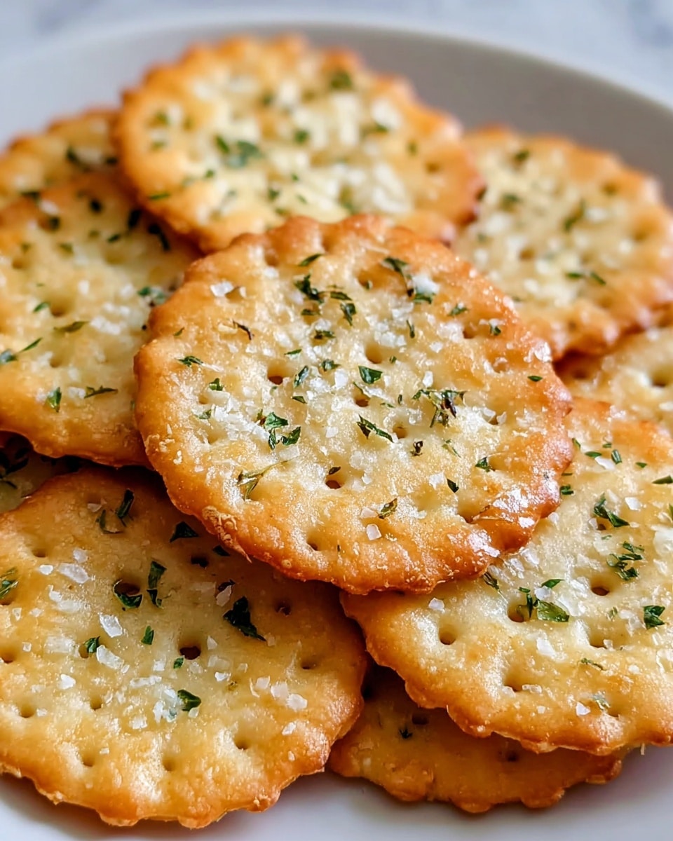 Round crackers arranged in layers on a white plate, each cracker golden brown with a crispy texture. The top layer has visible shreds of melted white cheese sprinkled with small green herbs and coarse flakes of white salt evenly spread across the surface, giving a fresh and savory look. The crackers have small holes and slightly uneven edges, showing a baked crispiness. The background has a clean white marbled texture, enhancing the warm tones of the crackers. photo taken with an iphone --ar 4:5 --v 7