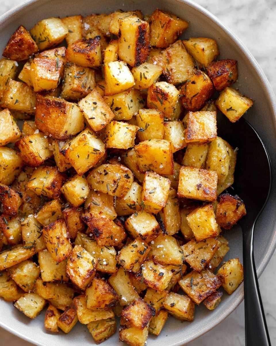 The image shows a close-up of a bowl filled with small, crispy roasted potato cubes. Each cube is golden brown with a slightly rough texture, showing charred edges and small bits of dried herbs scattered over the surface. The potatoes have a mix of light and darker golden yellow colors, some with a sprinkle of flaky sea salt on top. A black spoon is partially buried in the potatoes on the right side of the bowl. The bowl itself is white, set against a white marbled texture background. photo taken with an iphone --ar 4:5 --v 7