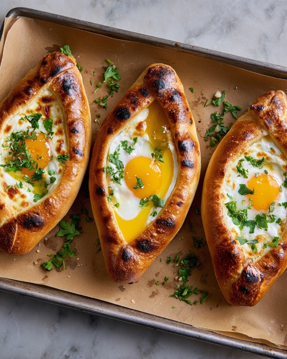 Three boat-shaped golden brown breads rest side by side on a baking tray lined with brown parchment paper, each with a slightly raised glossy crust decorated with small charred spots. Each bread has a cavity filled with white melted cheese topped by a sunny yellow fried egg yolk, some yolks slightly runny and spilling onto the cheese. Small green herb leaves are scattered on top and around the breads, adding a fresh touch. The tray sits on a white marbled surface, completing the warm and inviting look of the dish. photo taken with an iphone --ar 4:5 --v 7