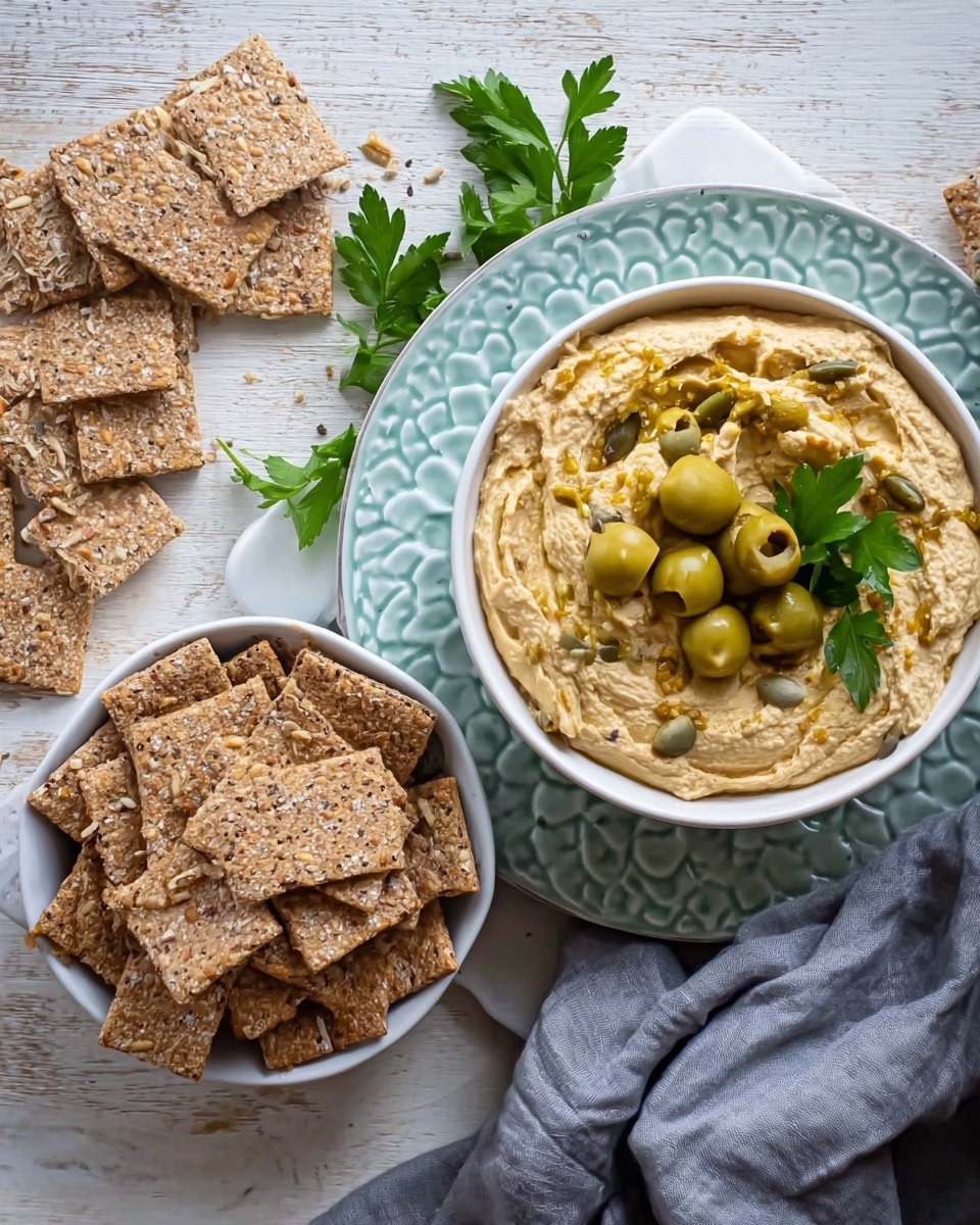 A white bowl filled with creamy, light green hummus topped with sliced green olives and a drizzle of olive oil on the surface. The bowl sits on a pale blue plate with a textured pattern. Around the bowl, there are several seeded rectangular crackers scattered on a white marbled surface. A woman's hand is holding one cracker with a dollop of hummus on it above the bowl. In the background, there is a small white bowl with more crackers slightly out of focus. Photo taken with an iphone --ar 4:5 --v 7