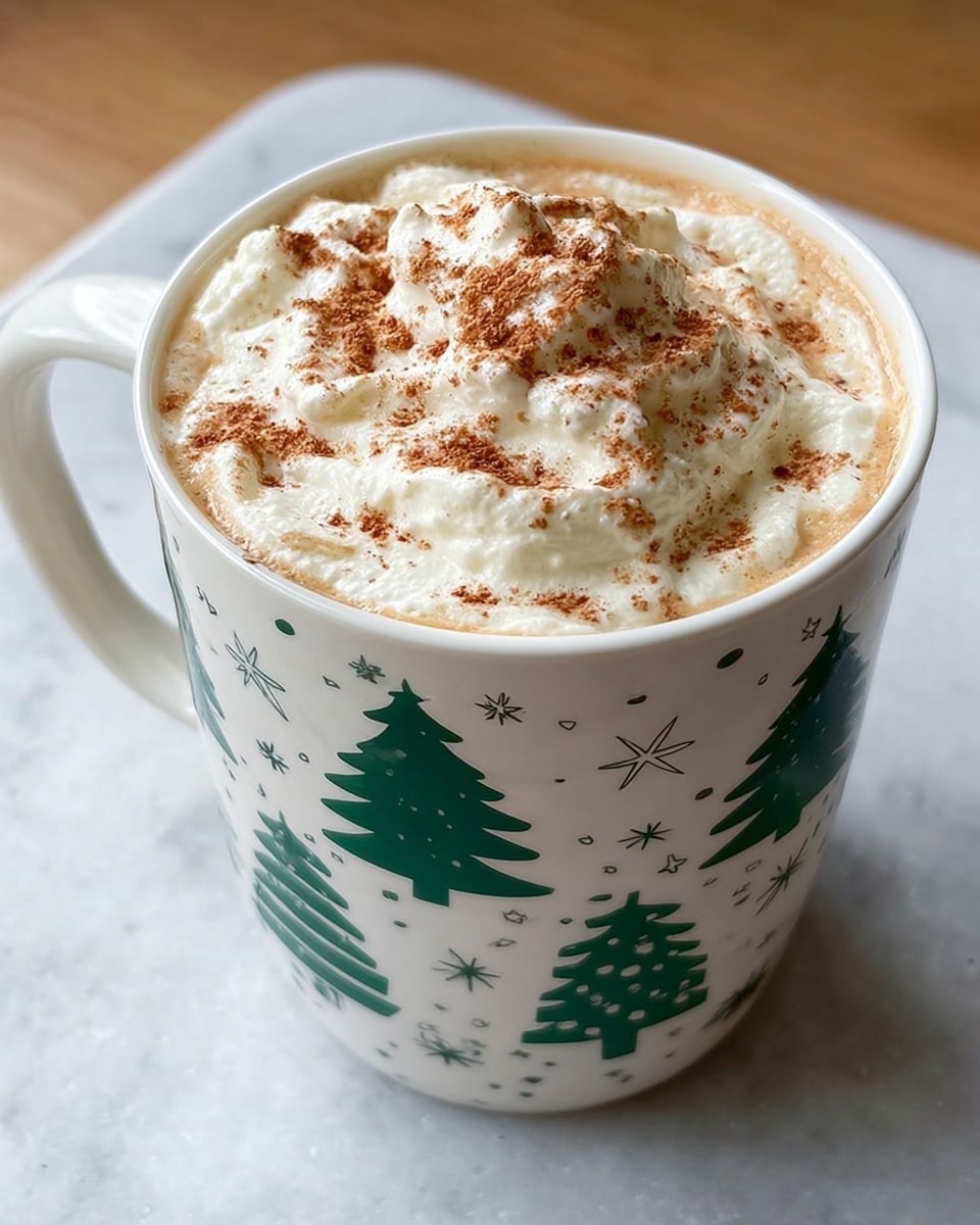 The image shows a white mug decorated with green Christmas trees and stars, filled with a creamy drink. The drink has a tan-colored base layer, topped with a thick layer of whipped cream that looks soft and fluffy. There is a sprinkle of cinnamon or cocoa powder on top of the whipped cream, adding a touch of brown color. The mug is placed on a white marbled surface. photo taken with an iphone --ar 4:5 --v 7