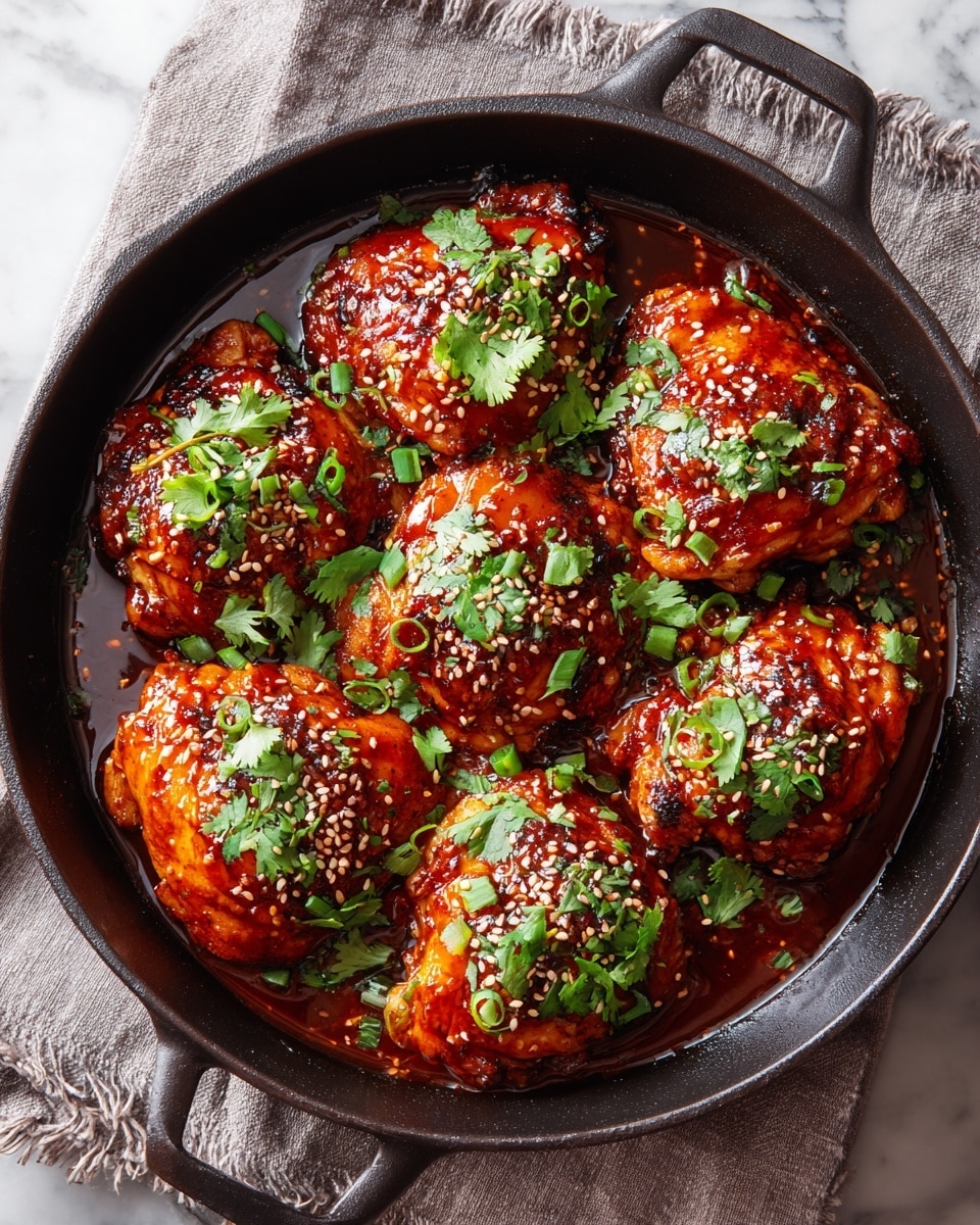 A round black cast iron pan holds seven browned chicken thighs layered with a thick, shiny reddish-brown sauce that looks sticky and slightly caramelized. The chicken pieces are arranged close together, covered in bright green chopped scallions and fresh cilantro leaves, with a sprinkle of white sesame seeds on top. The sauce pools at the bottom of the pan, reflecting the vibrant colors. The pan rests on a light gray cloth with a rustic texture, placed on a white marbled surface. Photo taken with an iphone --ar 4:5 --v 7