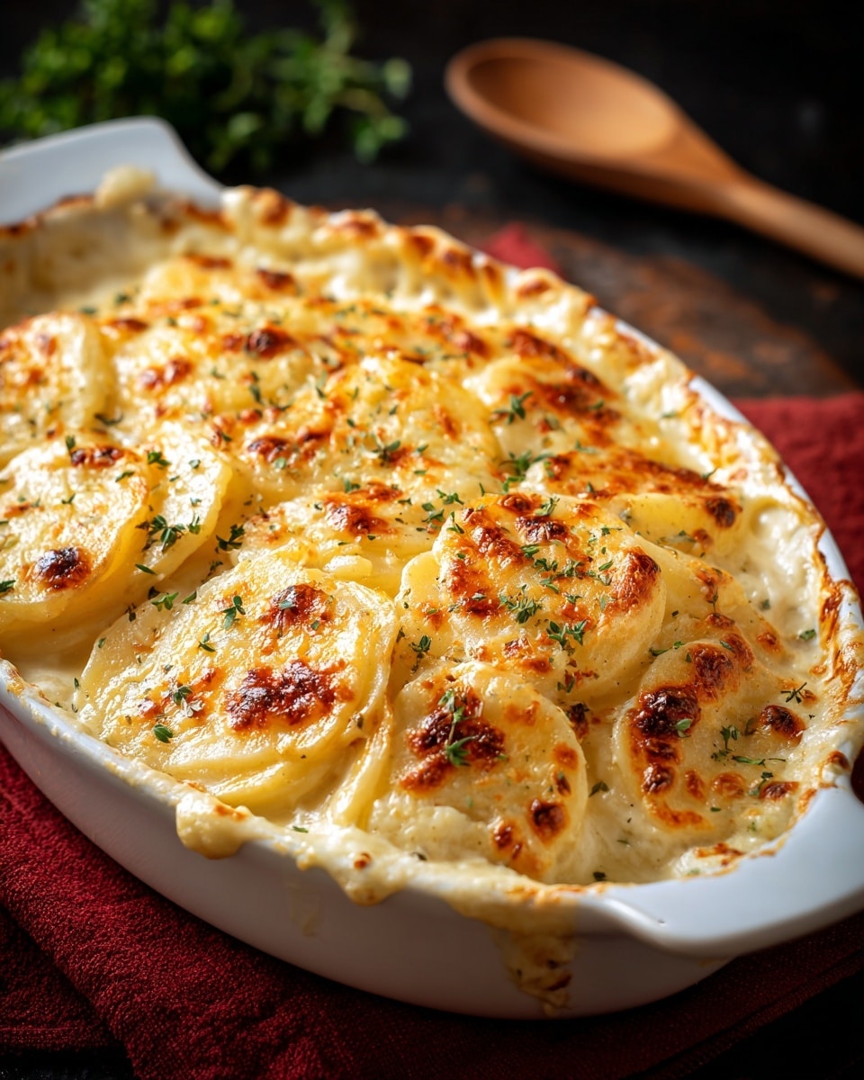 A white oval ceramic dish filled with creamy scalloped potatoes, showing about three layers of thin, yellowish potato slices coated in a smooth white cheese sauce. The top layer is golden brown with crispy, bubbly cheese and small browned spots, garnished with scattered green herbs. The dish sits on a red cloth over a white marbled surface, and in the background, a wooden spoon holds more fresh herbs. Photo taken with an iphone --ar 4:5 --v 7