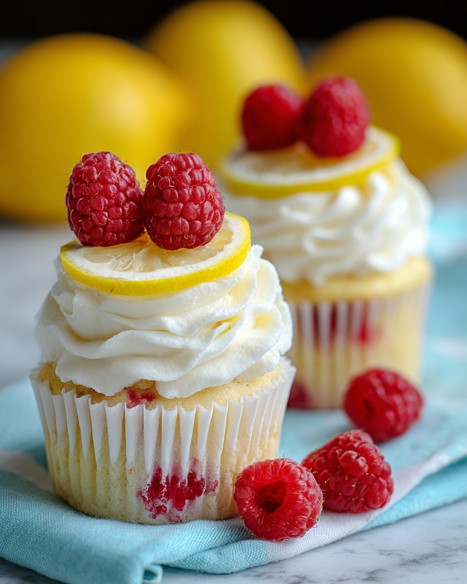 The image shows two cupcakes on a soft blue and white cloth, placed on a white marbled surface. Each cupcake has three layers: a golden-yellow cupcake base with red berry bits visible inside, a thick swirl of white whipped cream frosting on top, and then a thin, bright yellow lemon slice placed flat on the cream. On top of the lemon slice, there are three fresh, red raspberries, textured and shiny. Around the cupcakes, there are a few loose raspberries, and in the background, blurred bright yellow lemons add color contrast. Photo taken with an iphone --ar 4:5 --v 7
